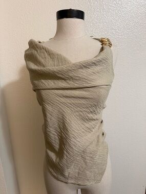 Beige One-Shoulder Drape Top with Gold Accent